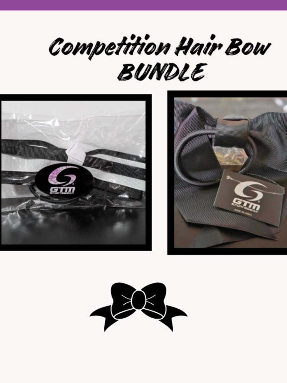 Set of 2 Champion Black Cheer/Dance Competition Hair Bows